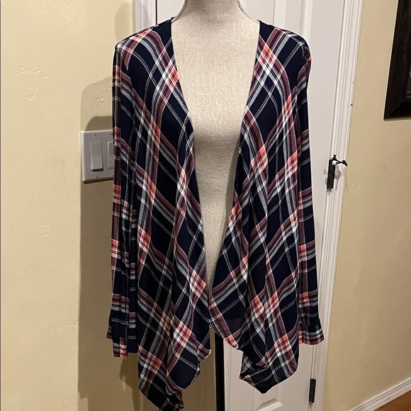 torrid Jackets & Blazers - torrid Navy, Pink & White Plaid Open Cardigan